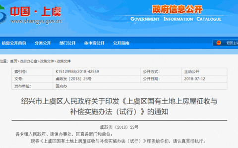 上虞区国有土地上房屋征收与补偿实施办法（2018）
